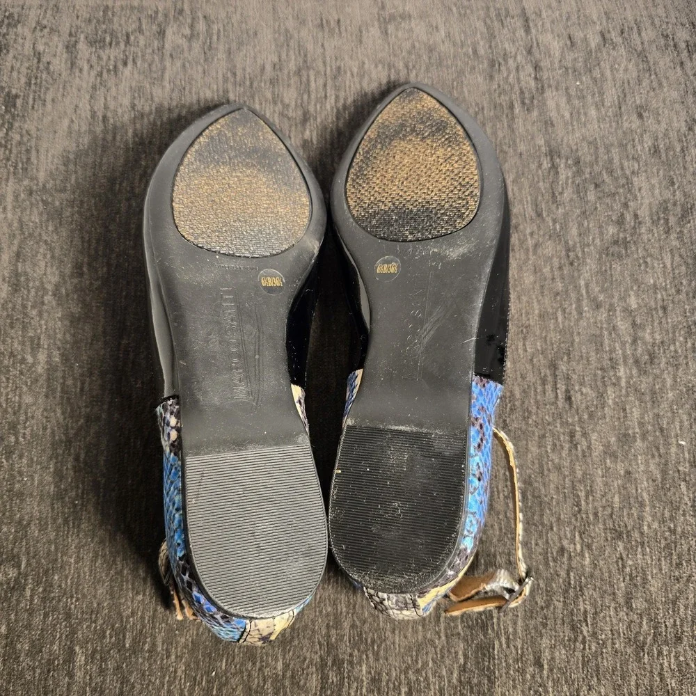 Marco Santi Womens Black Patent Blue Snakeskin Pointed Toe Ankle Strap Flats 6.5